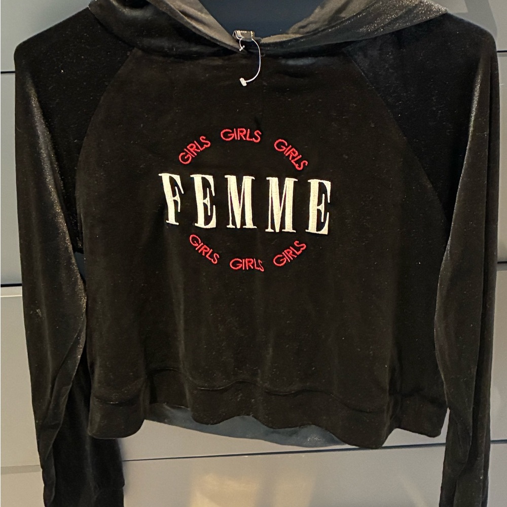 Forever 21 Black Velvet Hoodie with Red and White Print